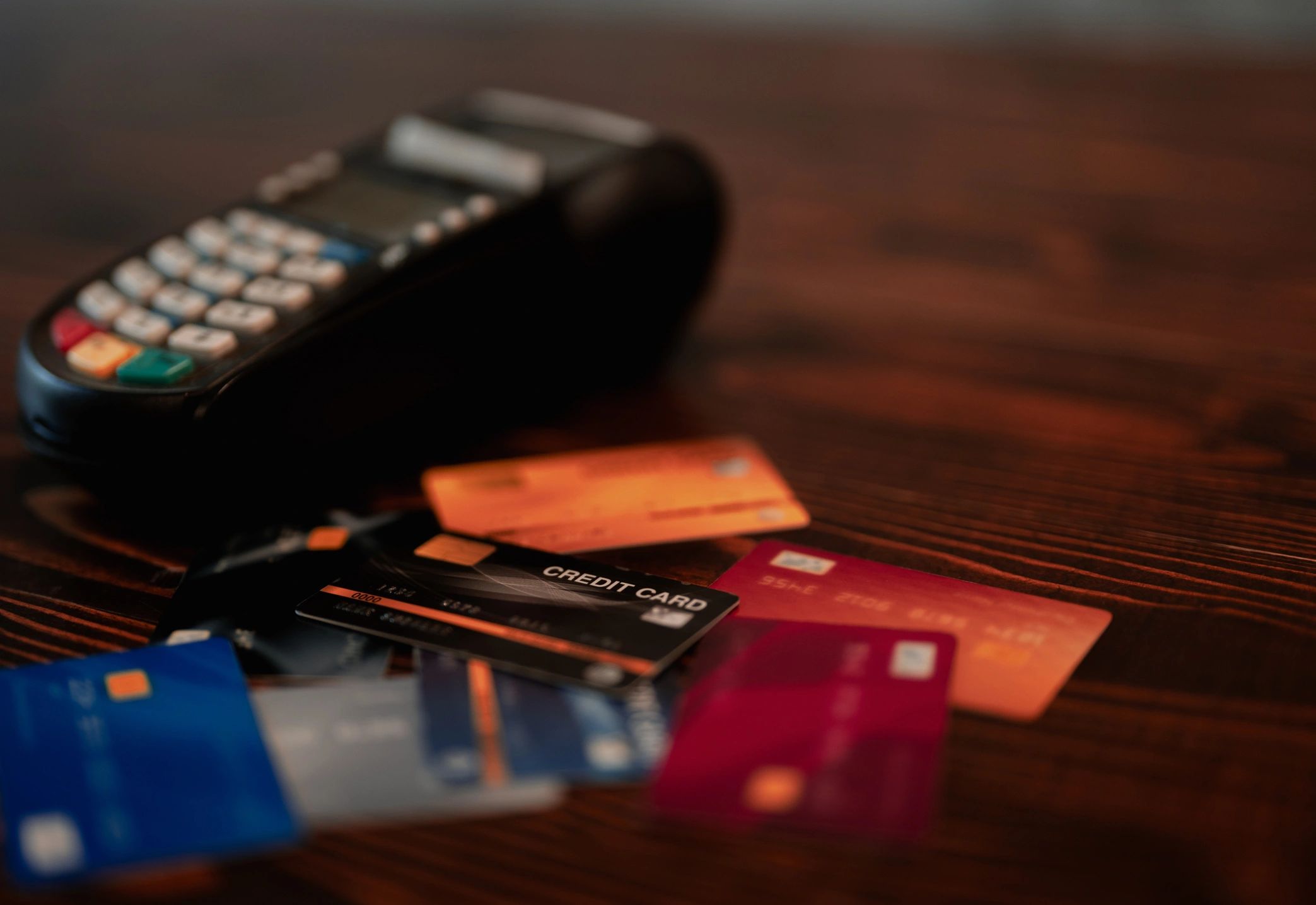 Credit card payment terminal on a checkout counter